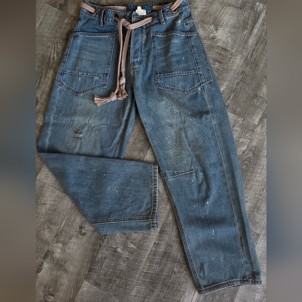 BiBi Women's Relaxed Fit Blue Jeans with Tan Accents